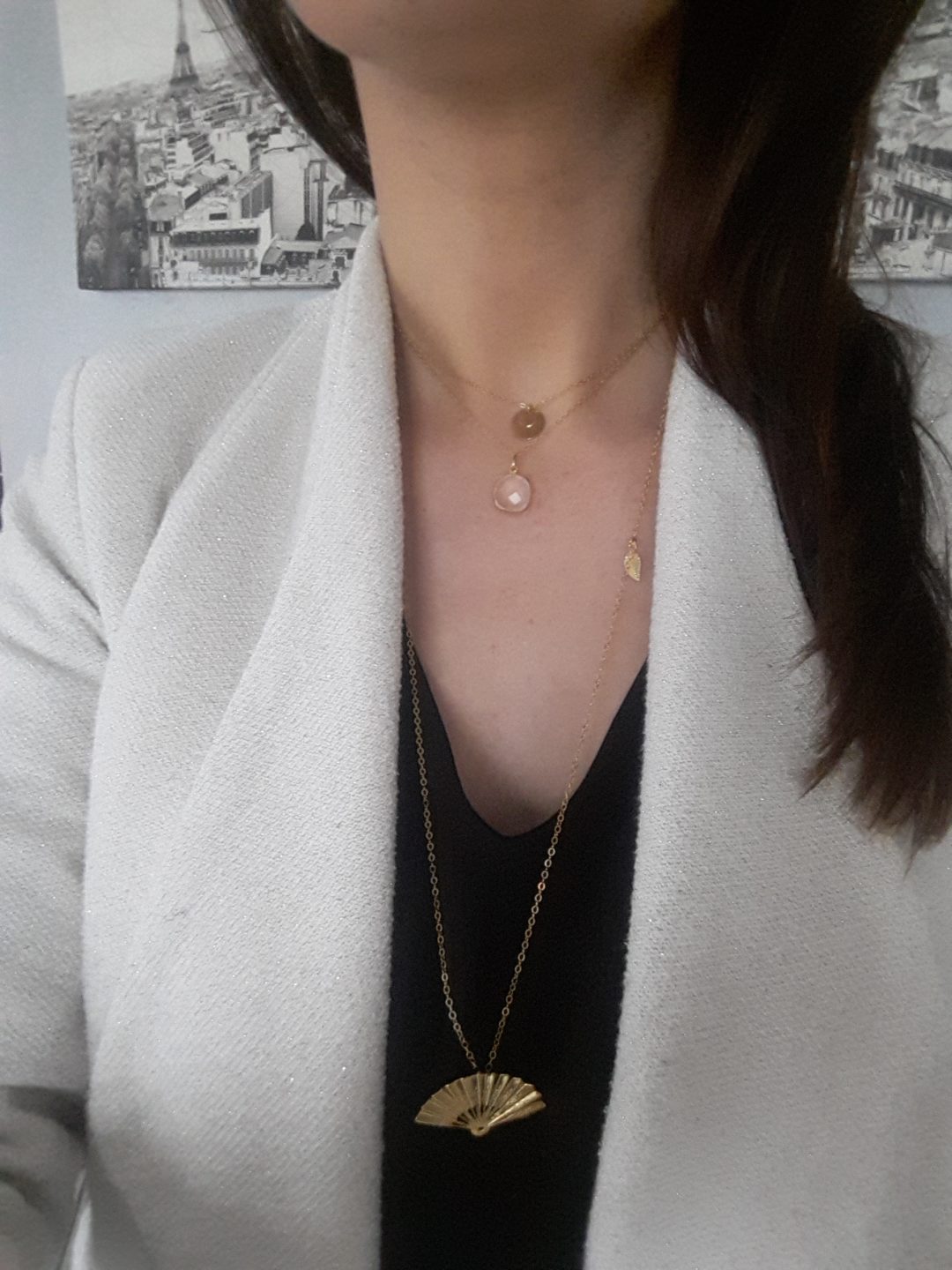 collier sautoir doré eventail feuille élégant