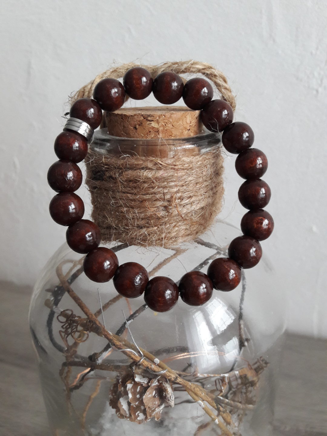 bracelet homme elastique perles bois marron bijoux cadeau acier